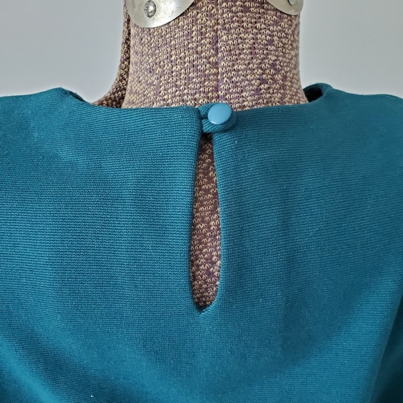 Vintage turquoise Fall Themed midi dress with embroidered acorn on chest - Picture 5 of 11